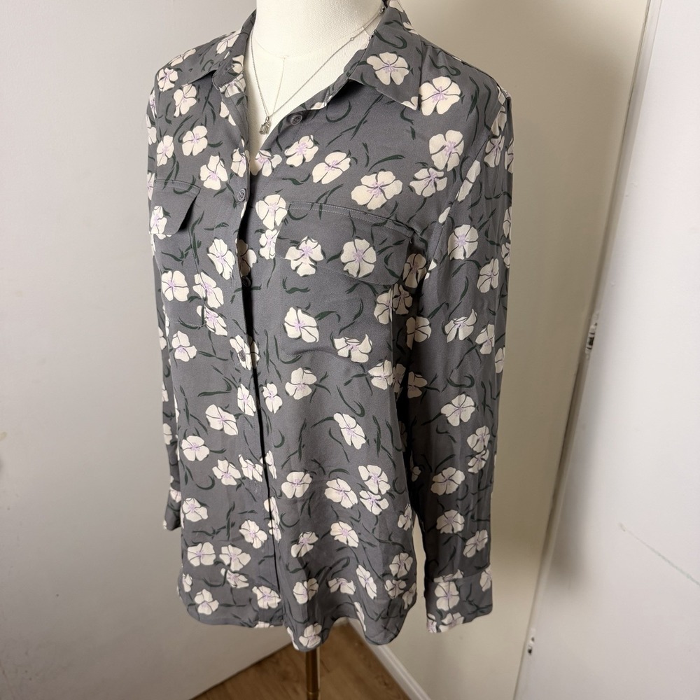 Equipment Femme Women's Floral Long Sleeve Blouse, 100% Silk, Button Down, Small